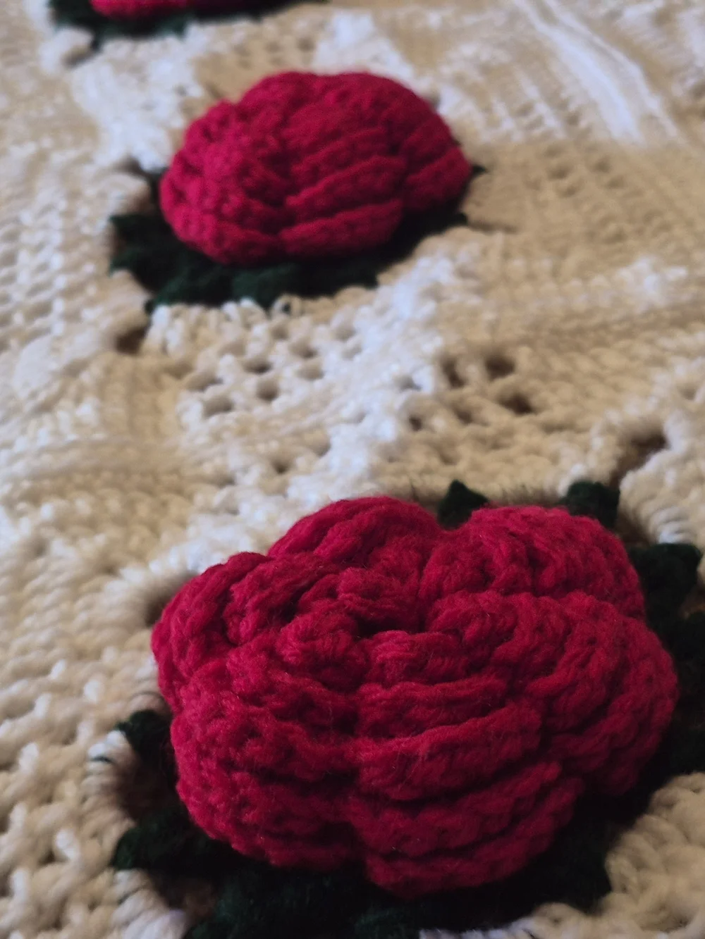 Vintage 70s 3D Red Rose Granny Square Crochet Afghan Blanket - 63